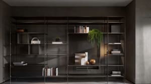 Minimalist interior design featuring a metallic bookshelf unit with books, plants, and decorative items.
