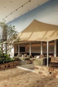 A modern interior design featuring a textured cement living room with a tree.