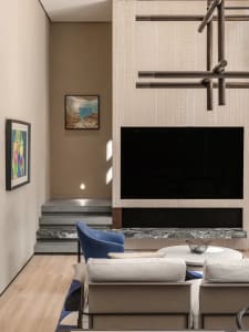 A minimalist living room featuring stone and wood elements