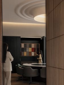 Modern office interior with industrial design elements, featuring a selection of materials and tiles.