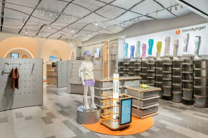 A modern retail store interior featuring a clothing display area with metallic shelving and glass panels.