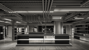 Modern storefront interior with metal and wood accents