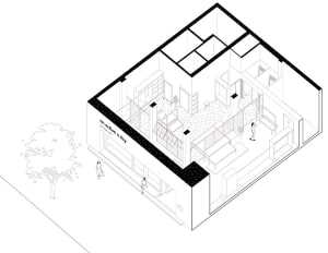 2D architectural drawing of a modern interior space showing various rooms and areas.