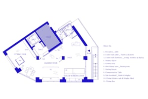 A detailed 2D architectural plan of a tailor shop featuring functional zones such as fitting, basting, and tailor working are