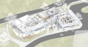 A modern architectural design featuring a commercial space constructed with glass and steel materials.