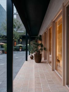 Modern commercial interior with clay brick tile flooring