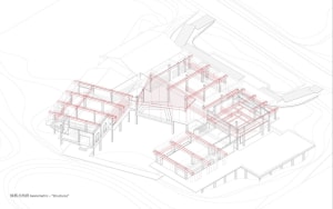 Structural beams and columns of a building floor plan.