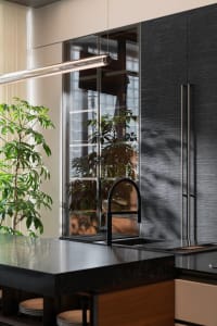 Modern residential kitchen featuring sleek black stone countertops and glass cabinetry.