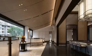 A modern hotel reception area featuring metallic finishes and minimalist design.