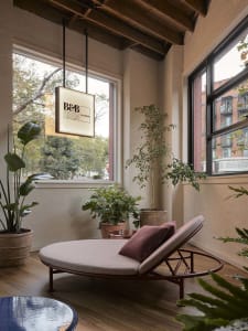 A modern interior living space with concrete flooring and various potted plants.