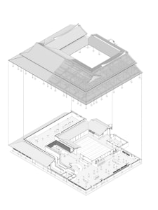 3D rendering of a modern architectural design featuring a metal frame.