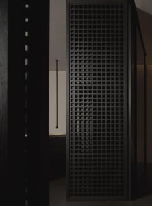 A modern interior space featuring a black grid-patterned wooden door, creating a minimalist and sleek aesthetic.