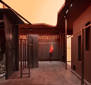Metal installation with abstract design in an industrial space