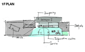 A hand-drawn sketch of a first-floor architectural plan featuring labeled zones such as 'Vehicle', 'Zero Gravity', 'Staircase