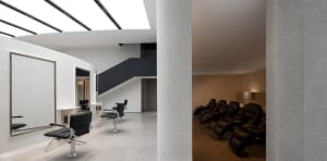 Modern minimalist spa interior with concrete and glass elements
