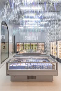 Modern industrial-style grocery store freezers with transparent plastic cabinets