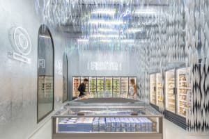 A modernista retail space with a glass ceiling and an array of products displayed in refrigerators and freezers.