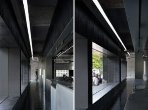 Industrial-style interior design featuring metallic materials and minimalist decor.