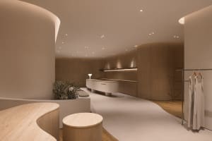 A modern retail storefront with wooden interiors and curved architecture.