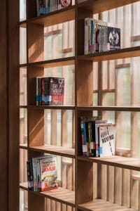 Books neatly arranged on a wooden bookshelf inside a window.