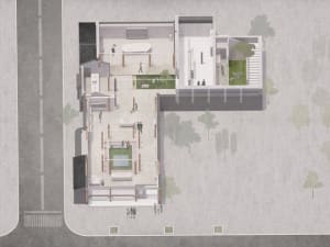 An overhead view of an industrial-style floor plan with concrete, steel, and glass materials.