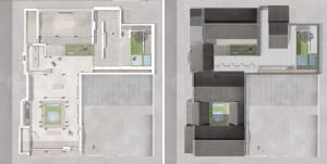 A 2D architectural blueprint of a modern building with concrete materials and spacious areas.