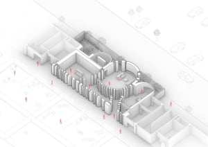 A 2D architectural drawing of a modern office space with a concrete floor plan.