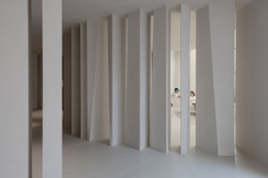 Modern white interior design featuring minimalist architecture and white plaster walls.