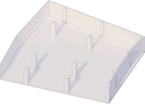 A 3D rendered floor plan of an architectural design.