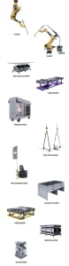 Various mechanical and industrial equipment, including robotic arms, tables, and stands.