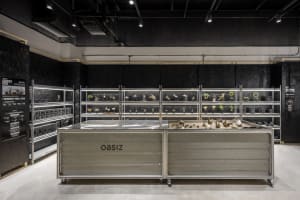 An interior design of a modern plant shop with a focus on metallic and glass elements.