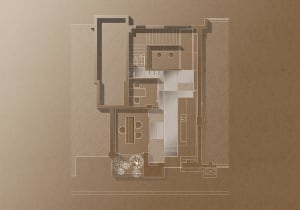 Floor plan of a modern architectural design on a paper sheet.