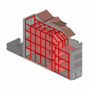 3D rendering of an interior space featuring wood, glass, metal, and plaster materials.