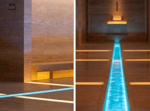 A minimalist floor design featuring glass elements.