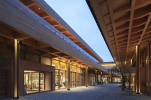 Modern retail space with glass and wooden elements