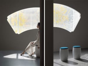 A modern interior design featuring a glass lighting panel