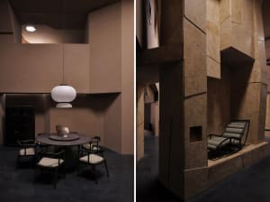 A modern restaurant interior with a circular table, white pendant lamp, and concrete walls.