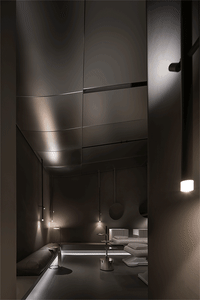 A high-end, minimalist bedroom with concrete walls, a bed, and a floating nightstand.