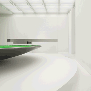 Minimalist modern lounge featuring a glass platform with a green carpet