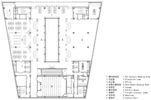 A detailed architectural drawing depicting the ground floor layout of a library, showcasing various functional zones such as 