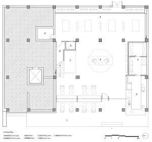 Retail shop with a central seating area, retail zones, and a kitchen.