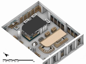 An overhead view of a retail coffee shop with a wooden floor plan.