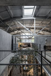 An industrial living room with concrete walls, large skylights, and potted plants.