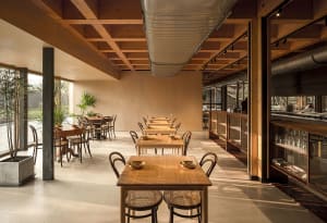 A modern restaurant interior featuring sustainable wood and glass materials.