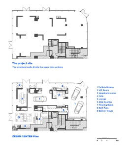 Floor plan of the ZEEKR Center showing various functional areas including vehicle display, VIP room, negotiation area, cafe, 