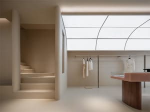 Modern minimalist retail interior featuring concrete and natural light.