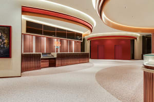 Image of a modern cinema hall interior with metallic texture walls and red accents.