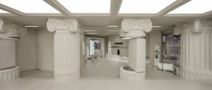 A spacious, modern retail store featuring white plaster columns and stone flooring.