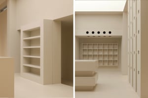 Modern concrete retail store interior with minimalist design.