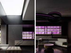 Modern minimalist bar lounge area with marble accents and contemporary furniture.
